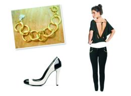No vilamulher.terra.com.br, encontramos uma ótima combinação – O look básico ganha um toque especial com a blusa de decotão nas costas e o sapato bicolor. Créditos: vilamulher.terra.com.br