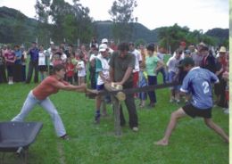 Serrar a tora de madeira é a segunda etapa da prova de corrida, exigindo agilidade e rapidez dos participantes. Créditos: Arquivo Emater/Divulgação